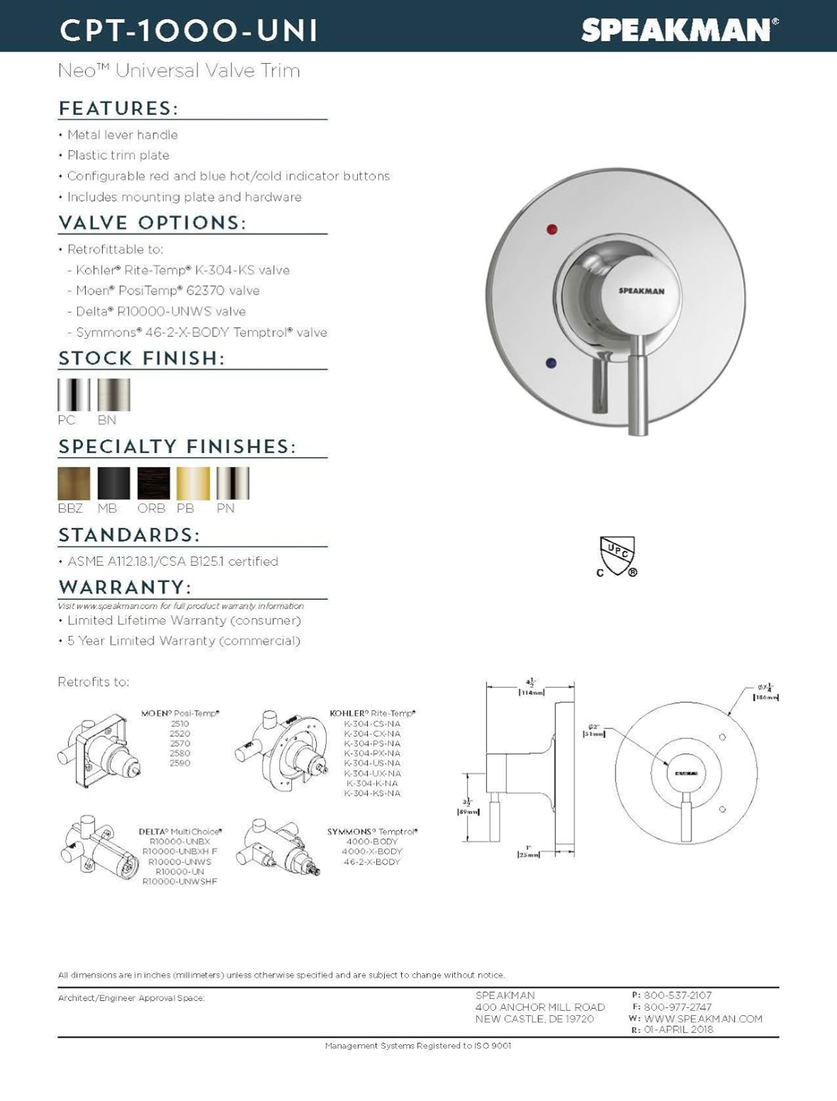Speakman CPT-1000-UNI Retrofittable Shower Valve