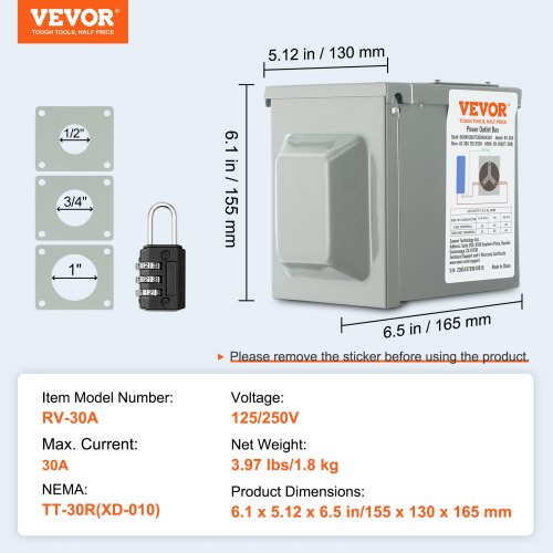 VEVOR 30 Amp RV Power Outlet Box, 125/250 Volt, Enclosed Lockable Outdoor RV Receptacle Box, NEMA TT-30R Weatherproof Electrical Panel, for 